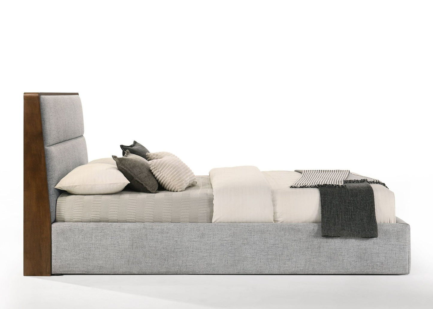 Dustin - Modern Grey Fabric & Walnut Trimmed Bed Queen Size