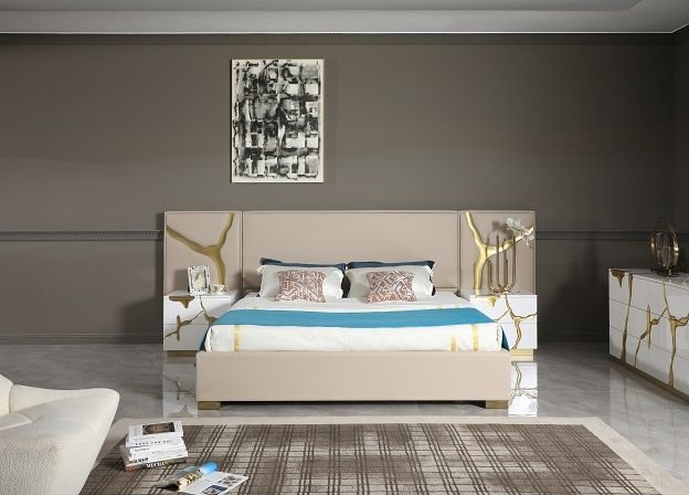 Aspen - Glam Beige Bonded Leather & Gold Bed