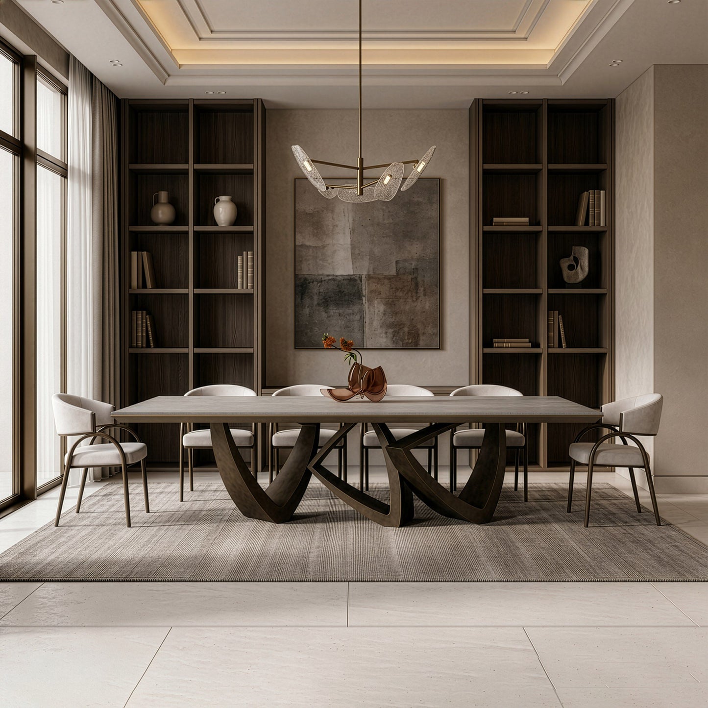 Dollemore - Modern Faux Travertine Ceramic + Antique Brass Dining Table