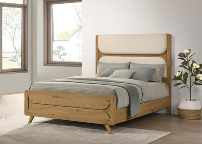 Bennett Queen Mid-Century Fabric Upholstered Panel Bed Light Oak