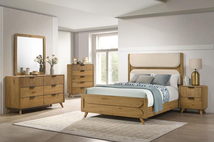 Bennett Queen Mid-Century Fabric Upholstered Panel Bed Light Oak