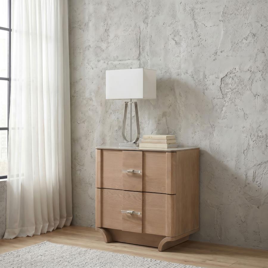 Leanne 2-Drawer Sinter Stone Top Nightstand – Light Oak