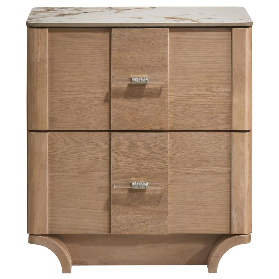 Leanne 2-Drawer Sinter Stone Top Nightstand – Light Oak