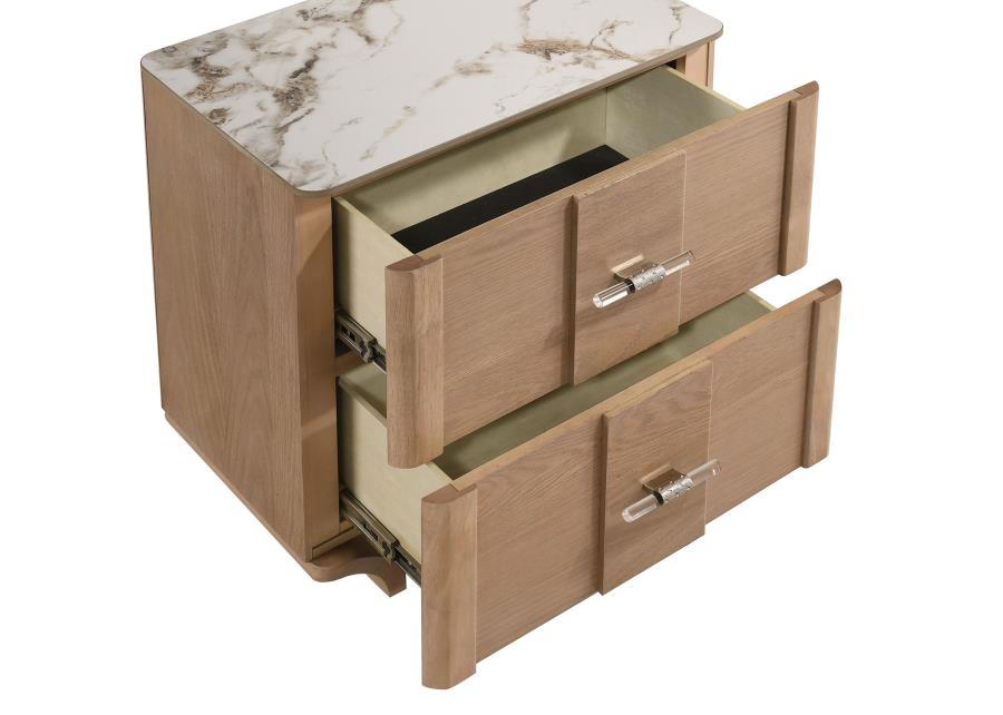 Leanne 2-Drawer Sinter Stone Top Nightstand – Light Oak