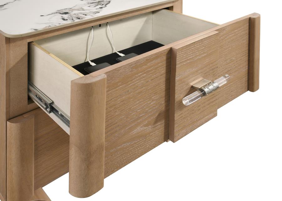 Leanne 2-Drawer Sinter Stone Top Nightstand – Light Oak
