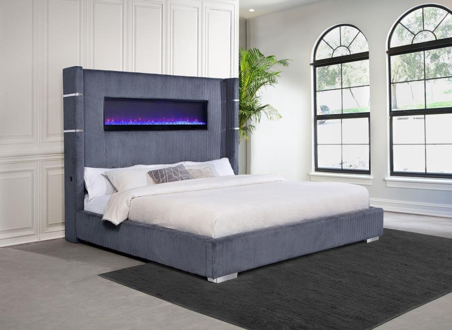 Tisdall Upholstered Queen Flame Visualizer Bed Grey