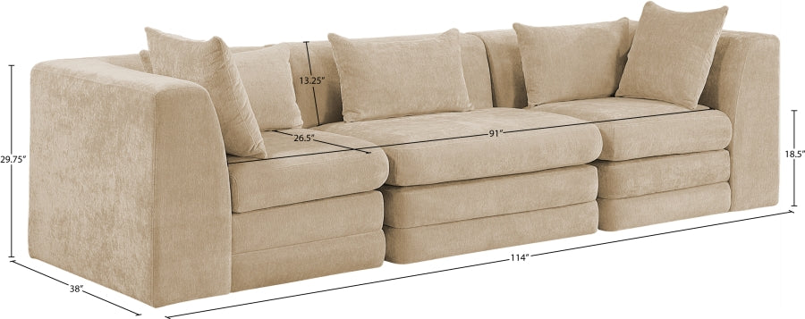 Stellar 114" Chenille Fabric Upholstered 3pc. Modular Sofa