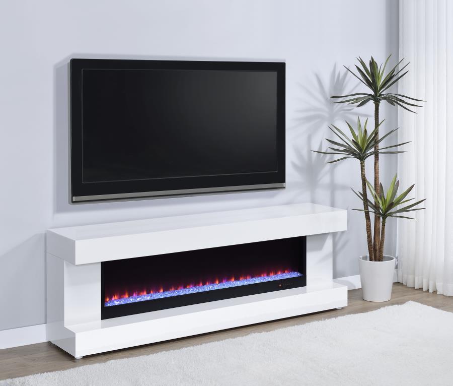 MALLORY TV STAND FIREPLACE CONSOLE BLUETOOTH SPEAKER WHITE HIGH GLOSS