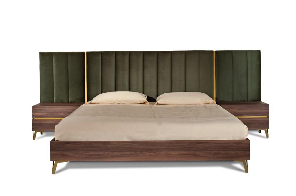 Gabriela Modern Walnut & Green Velvet Bed & Nightstands