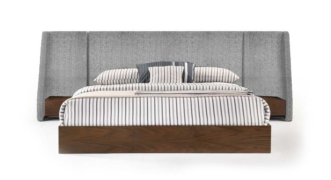 Janice - Modern Grey Fabric and Walnut Bed and Nightstands