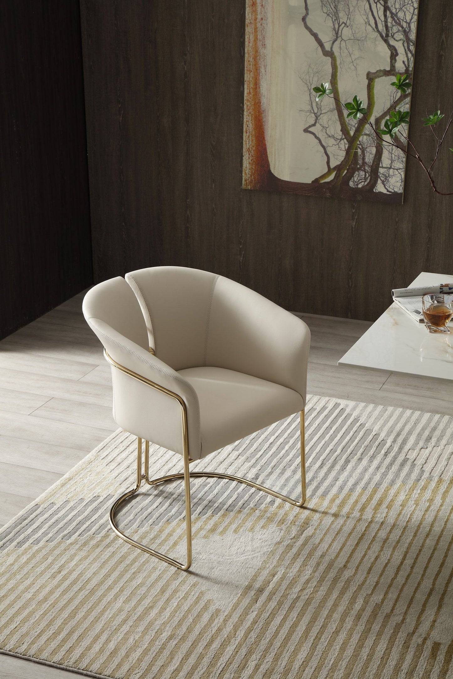 Renfew - Modern Beige Vegan Leather + Champagne Gold Dining Chair