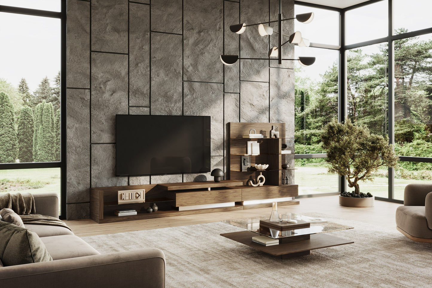 Clarion - Modern Walnut & Grey Glass Coffee Table