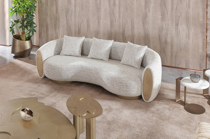 Glimpse - Modern White & Brown Fabric + Antique Brass Sofa