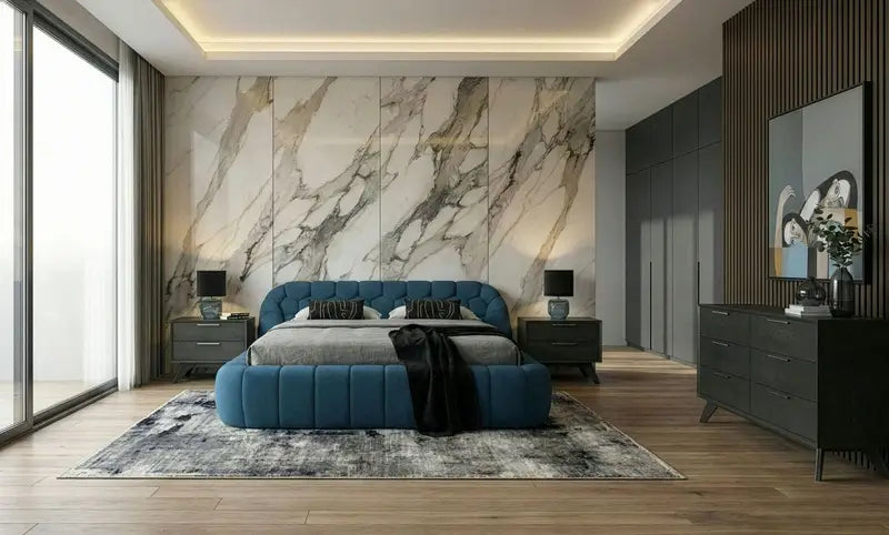 east bed + Soria – Modern Dark Teal Fabric + Grey Wash 4-Piece Bedroom Set