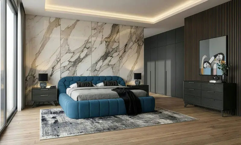 east bed + Soria – Modern Dark Teal Fabric + Grey Wash 4-Piece Bedroom Set