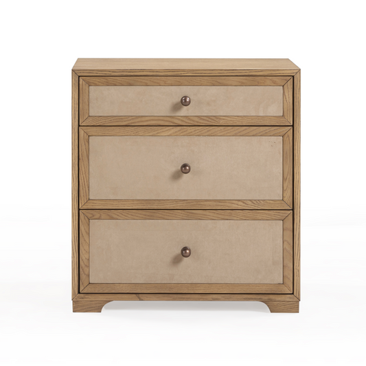 Laurentis 23.5" Light Taupe Suede and Wood 3-Drawer Nightstand - Default Variant