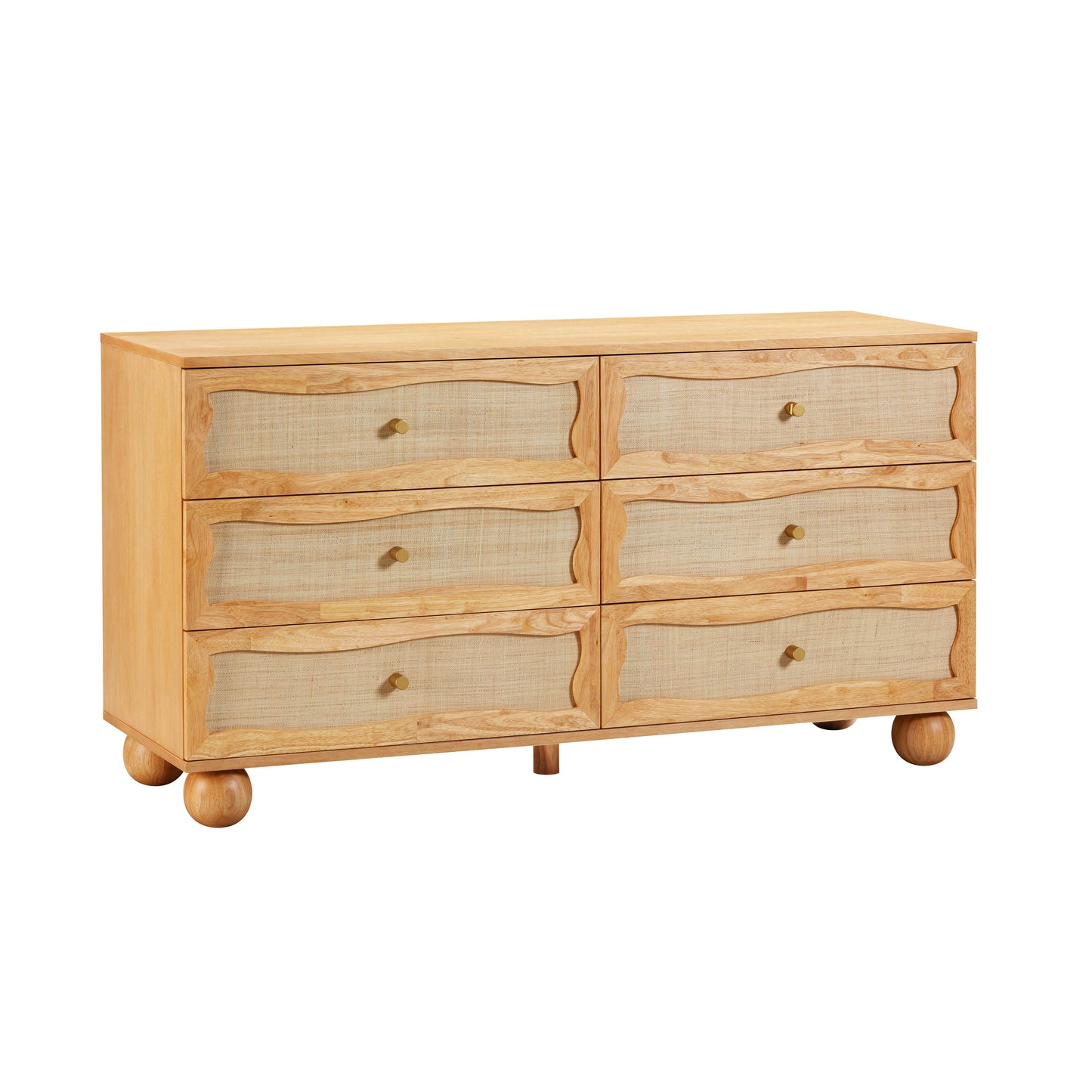 Grappa 62" Natural Wood &amp; Raffia Wavy 6-Drawer Dresser - Default Variant