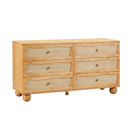 Grappa 62" Natural Wood &amp; Raffia Wavy 6-Drawer Dresser