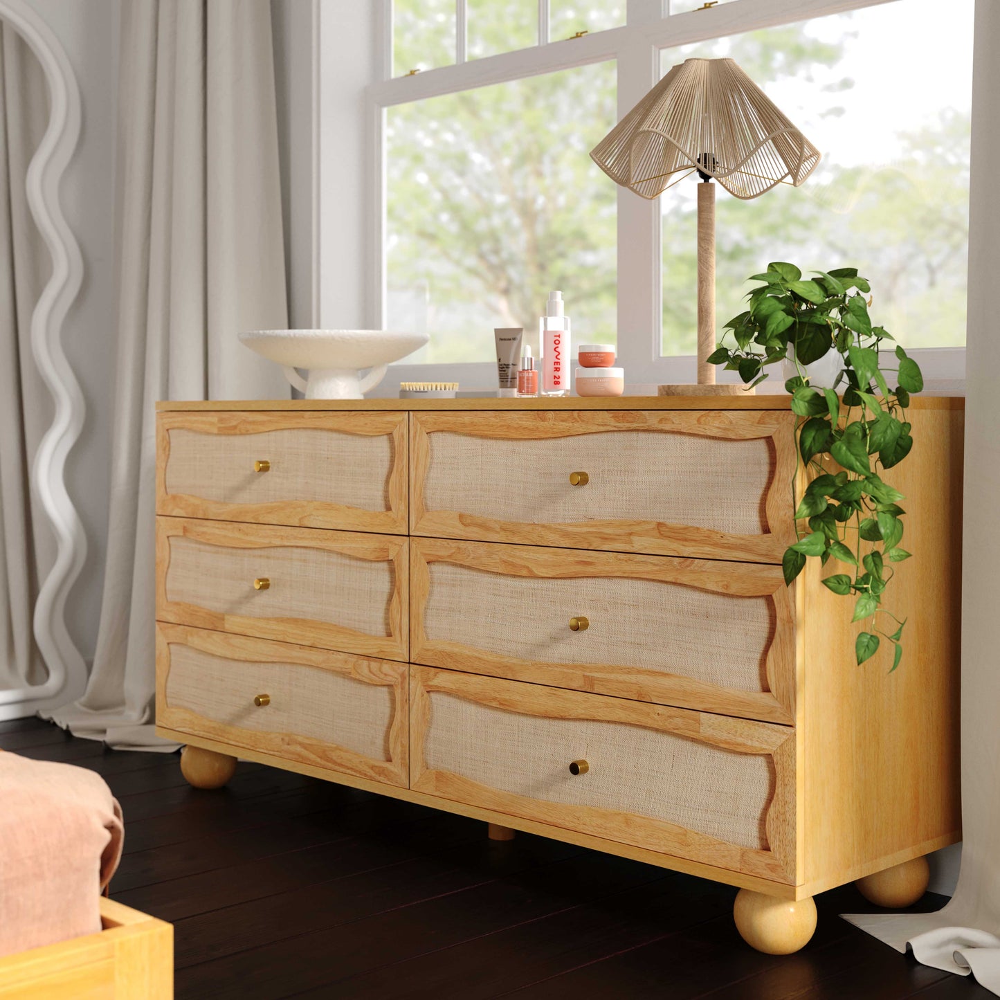 Grappa 62" Natural Wood &amp; Raffia Wavy 6-Drawer Dresser