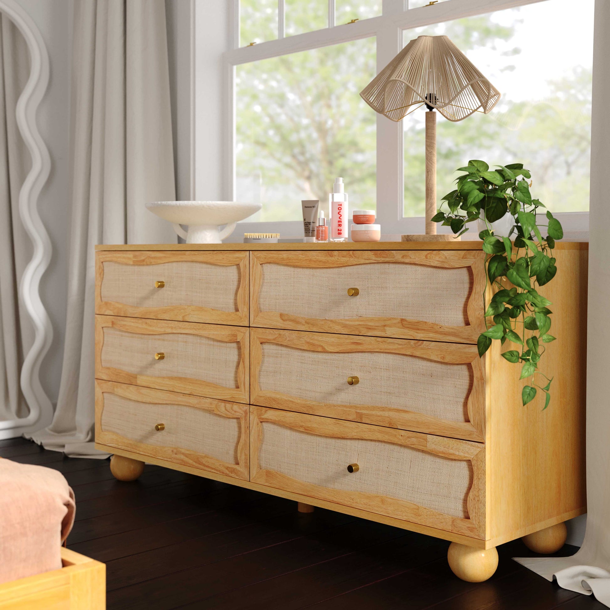 Grappa 62" Natural Wood &amp; Raffia Wavy 6-Drawer Dresser