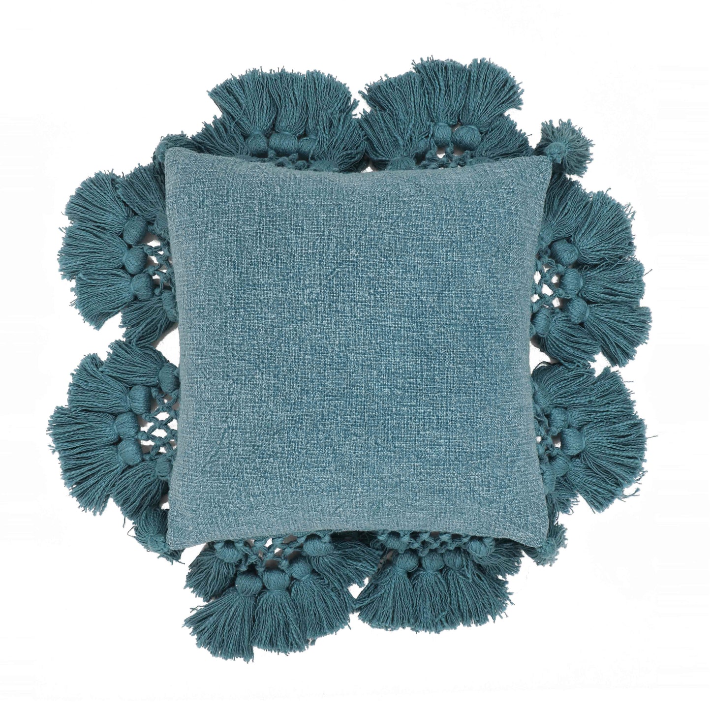 Stone 21" Washed Cotton Tasseled Square Throw Pillow Cover - Blue / Pillow Cover Only