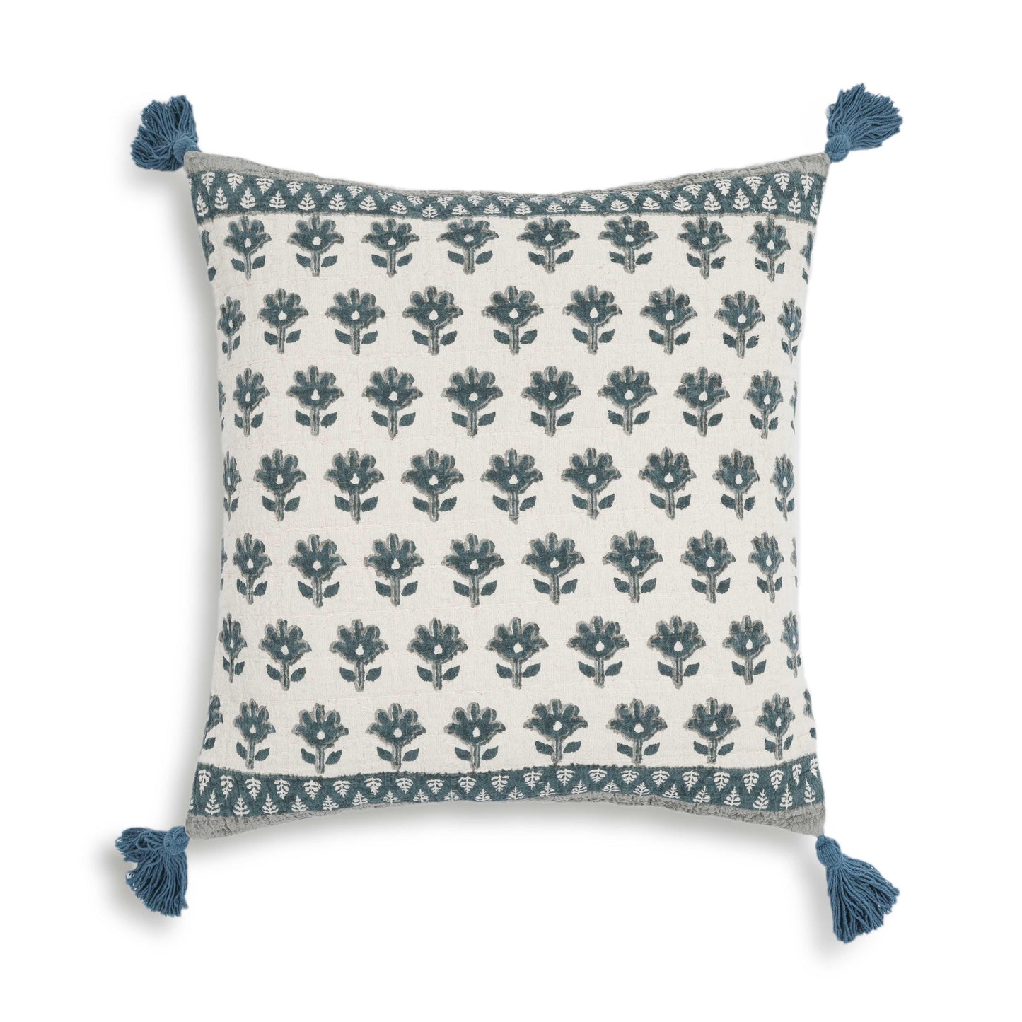 Blossom 20" Printed Cotton Tassel Throw Pillow Cover - With Insert