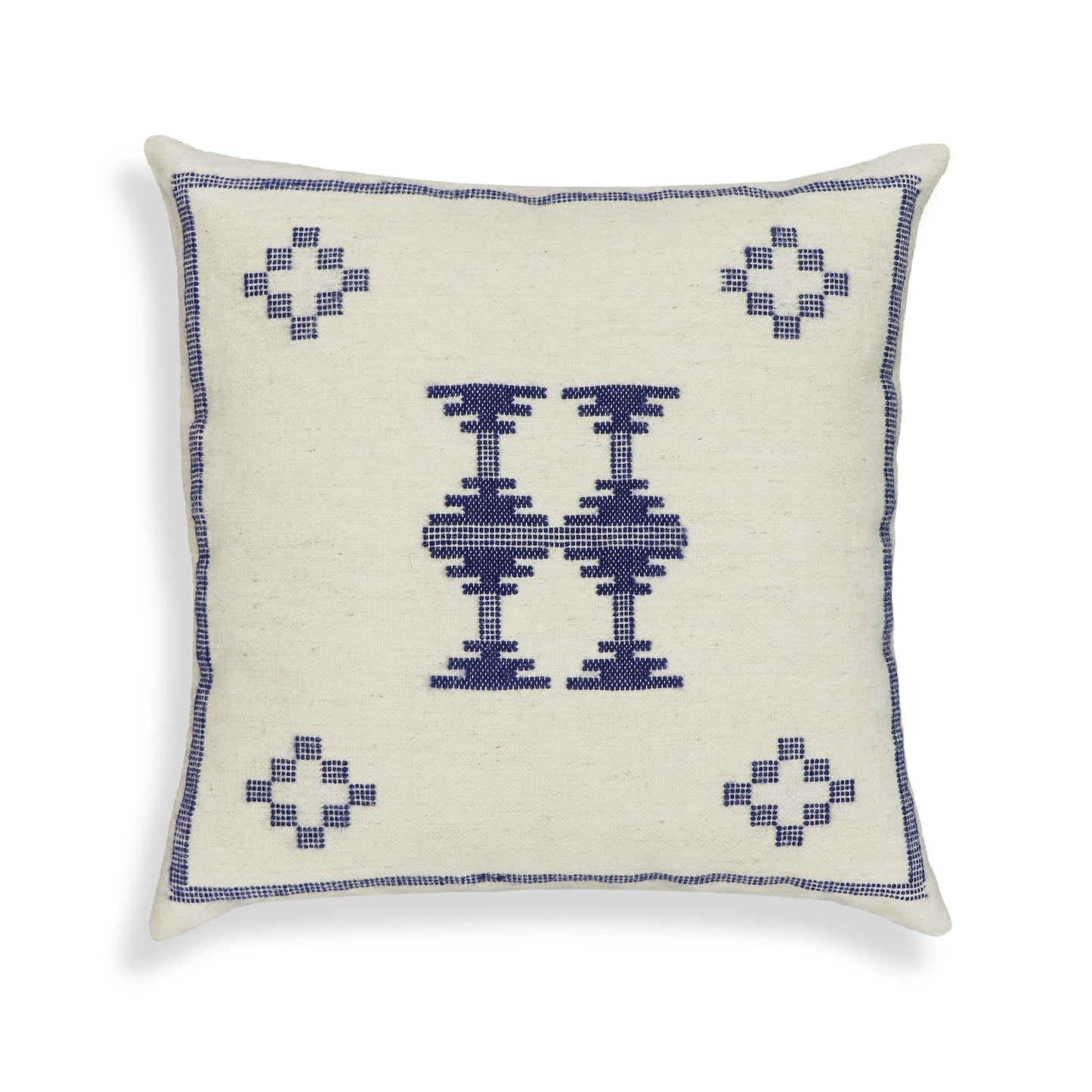 Aztec 20" Cream &amp; Indigo Wool Square Throw Pillow Cover - Pillow Cover Only