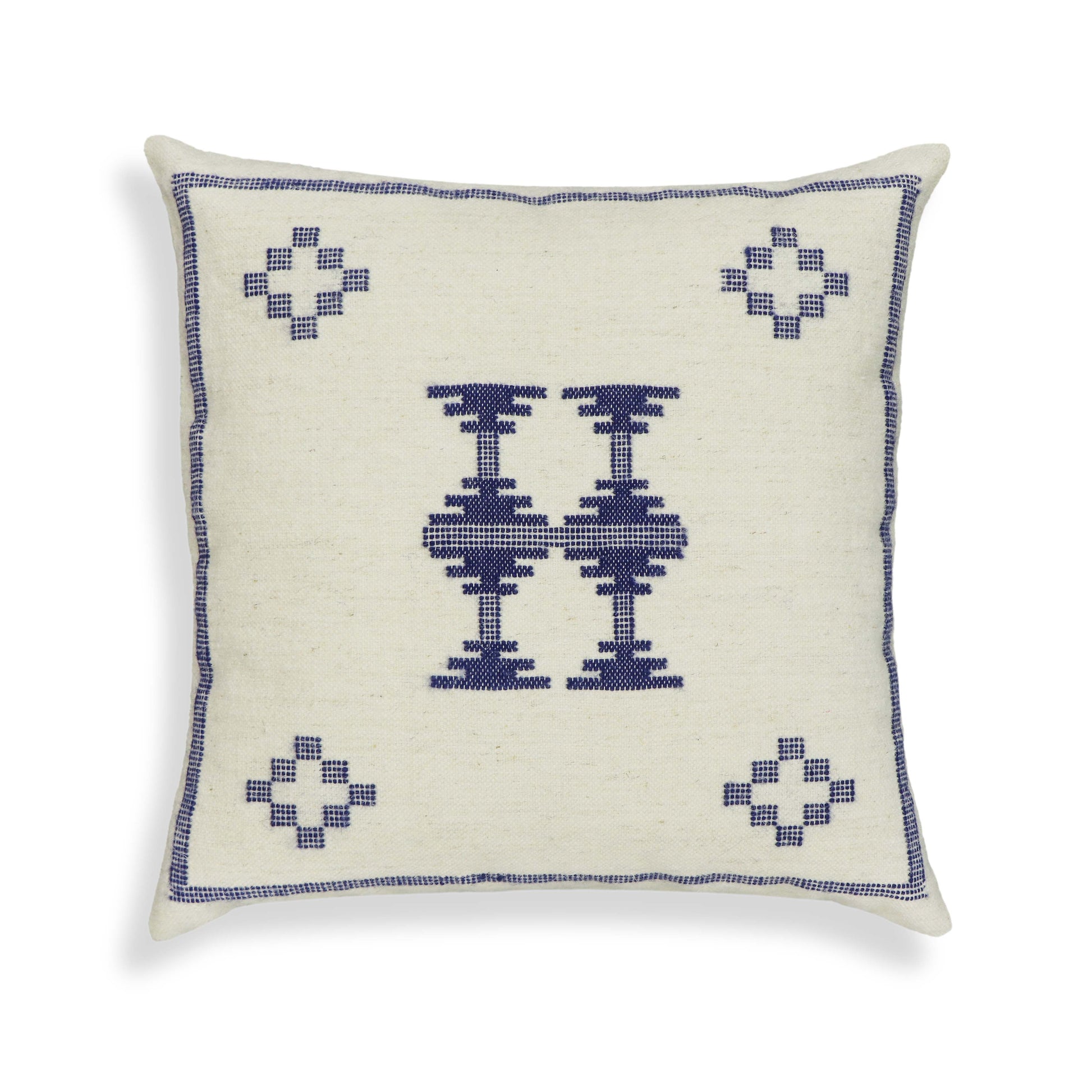 Aztec 20" Cream &amp; Indigo Wool Square Throw Pillow Cover - Pillow Cover Only