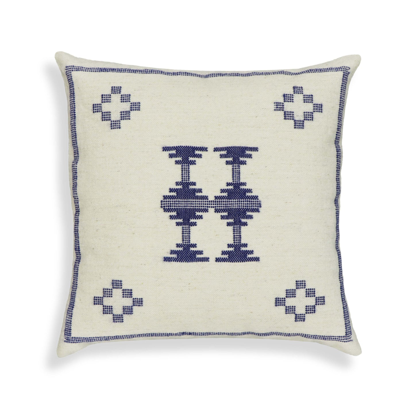 Aztec 20" Cream &amp; Indigo Wool Square Throw Pillow Cover - With Insert