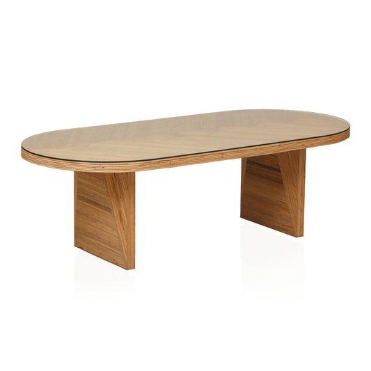 Caren 95" Natural Rattan and Glass Oval Dining Table - Default Variant