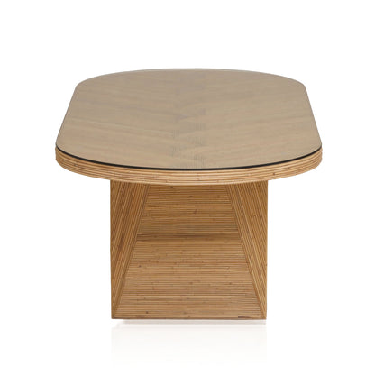 Caren 95" Natural Rattan and Glass Oval Dining Table
