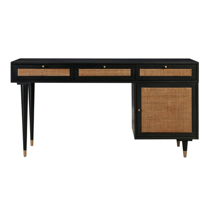 Sierra 60" Cane 3-Drawer Desk With Storage - Black