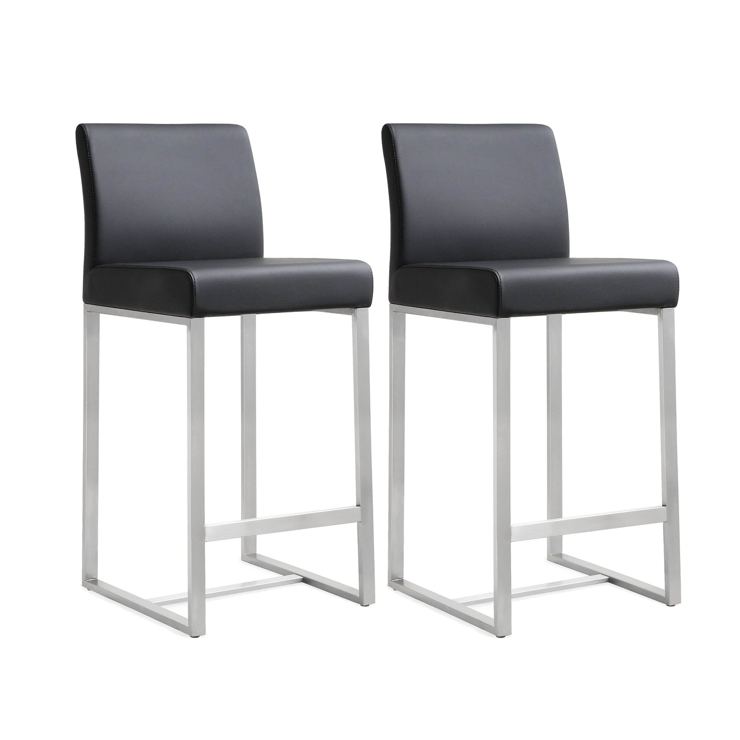 Denmark Performance Vegan Leather Stool with Silver Base - Set of 2 - Black / Counter Height