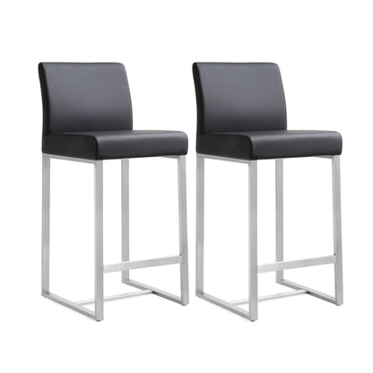 Denmark Performance Vegan Leather Stool with Silver Base - Set of 2 - Black / Counter Height