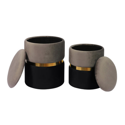 Gigi Grey and Black Performance Velvet Storage Ottomans - Set of 2