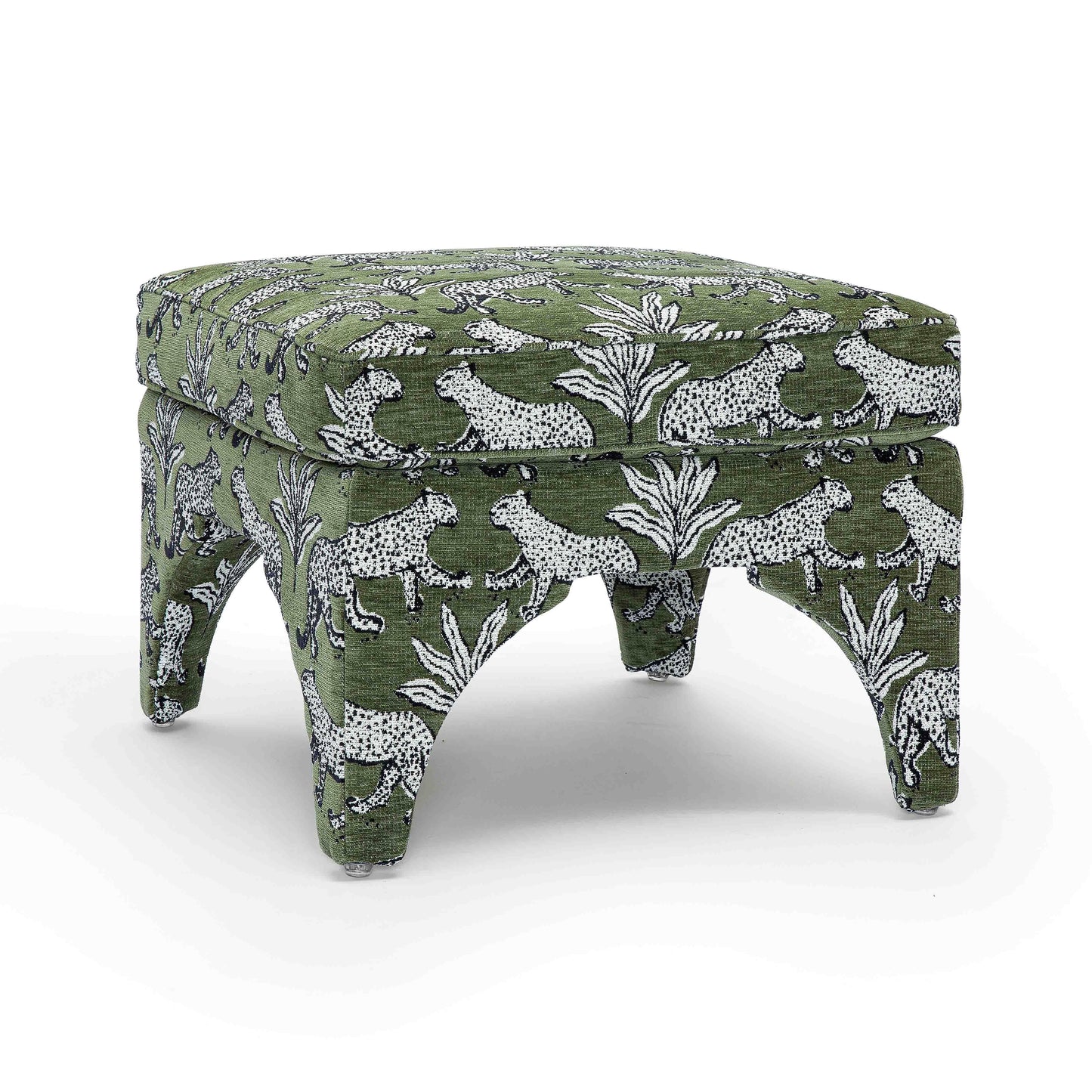 Raji Leopard Performance Jacquard Ottoman - Olive Green