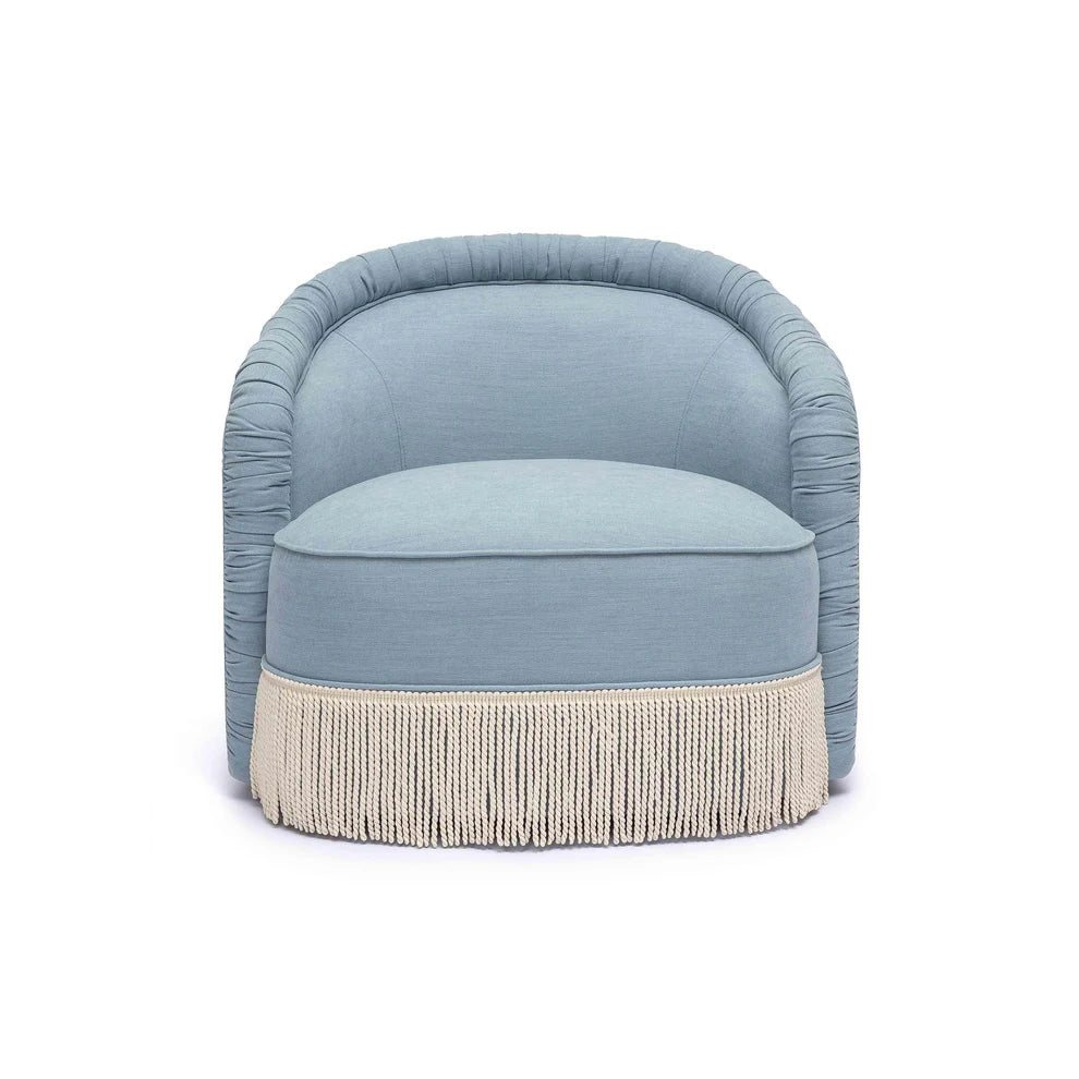 Pamela Faded Blue Upcycled Performance Fabric Tasseled Lounge Accent Chair