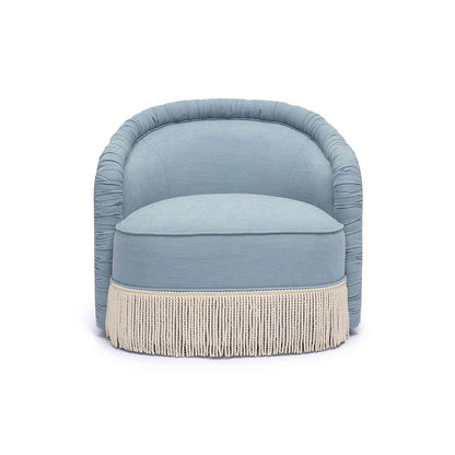 Pamela Faded Blue Upcycled Performance Fabric Tasseled Lounge Accent Chair