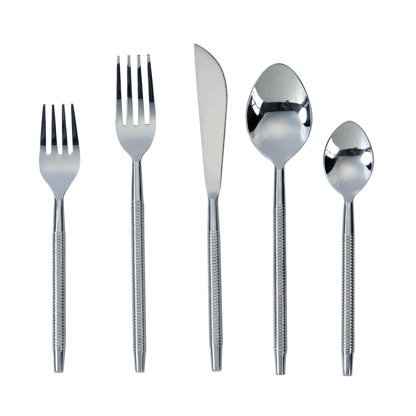 Ribbed Silver Stainless Steel Flatware - Set of 5 Pieces - Service For 1 - Default Variant