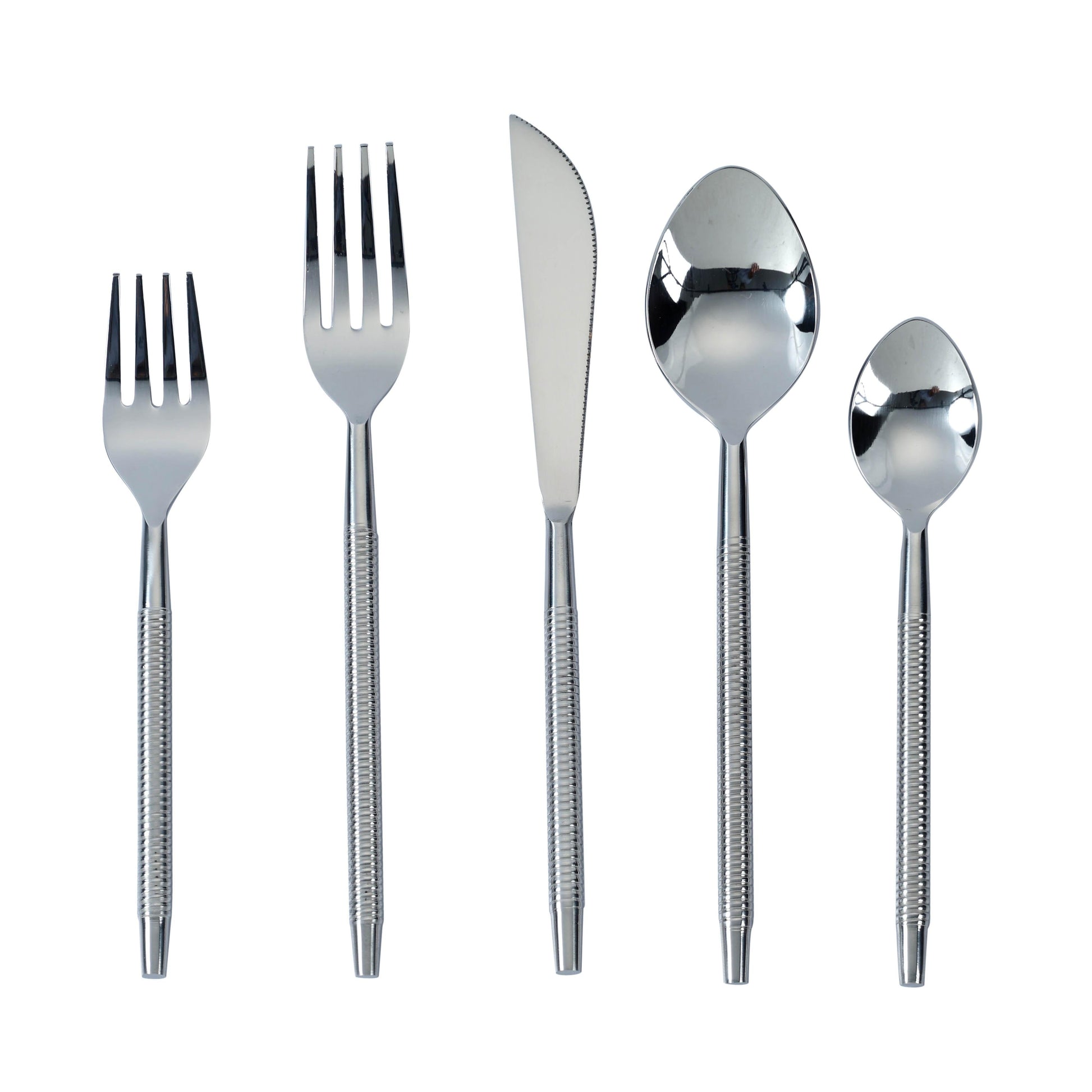 Ribbed Silver Stainless Steel Flatware - Set of 5 Pieces - Service For 1 - Default Variant