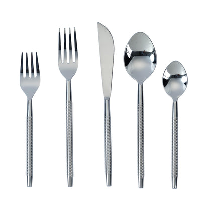 Ribbed Silver Stainless Steel Flatware - Set of 5 Pieces - Service For 1 - Default Variant