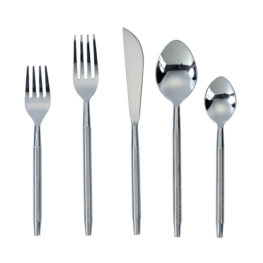 Ribbed Silver Stainless Steel Flatware - Set of 5 Pieces - Service For 1 - Default Variant