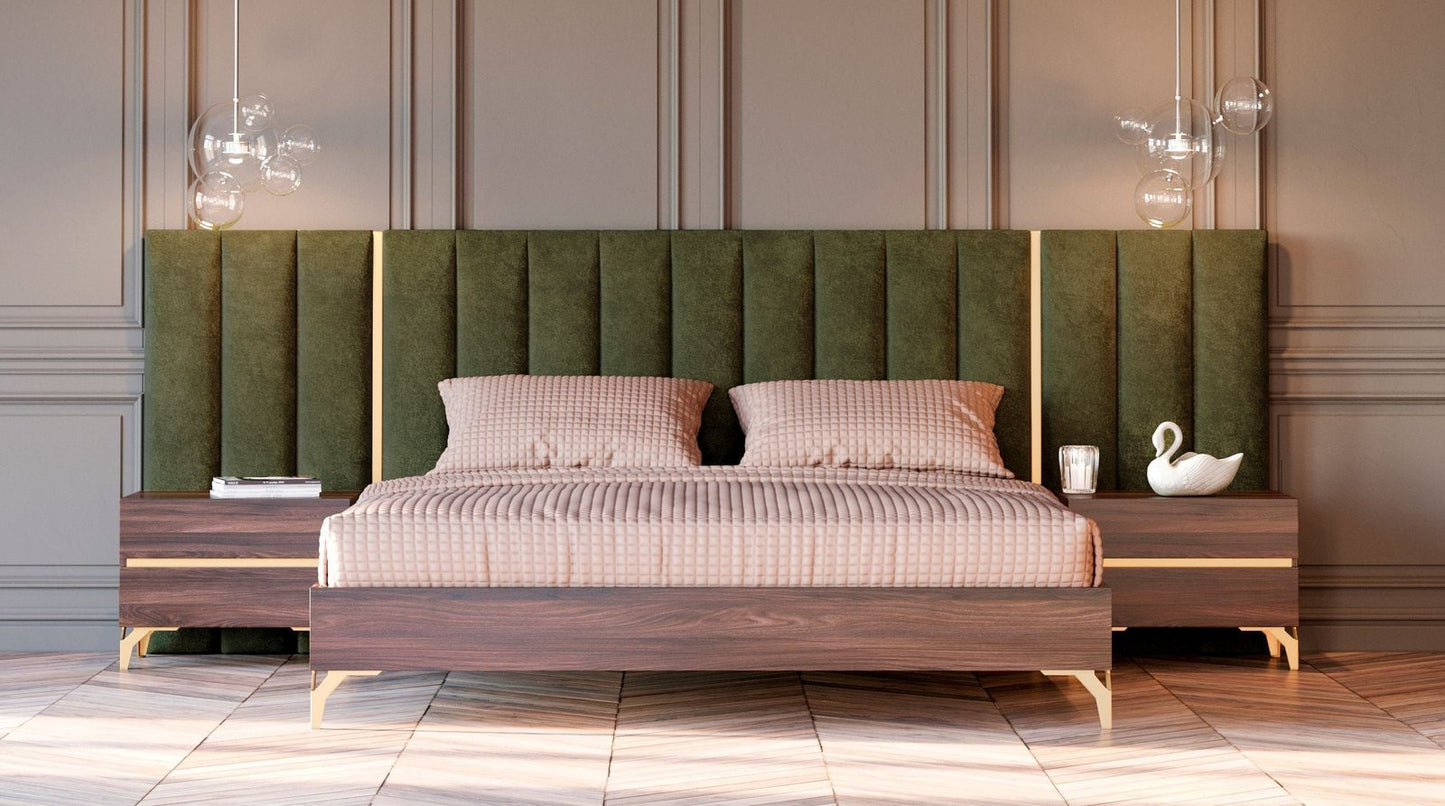 Gabriela Modern Walnut & Green Velvet Bed & Nightstands - QUEEN