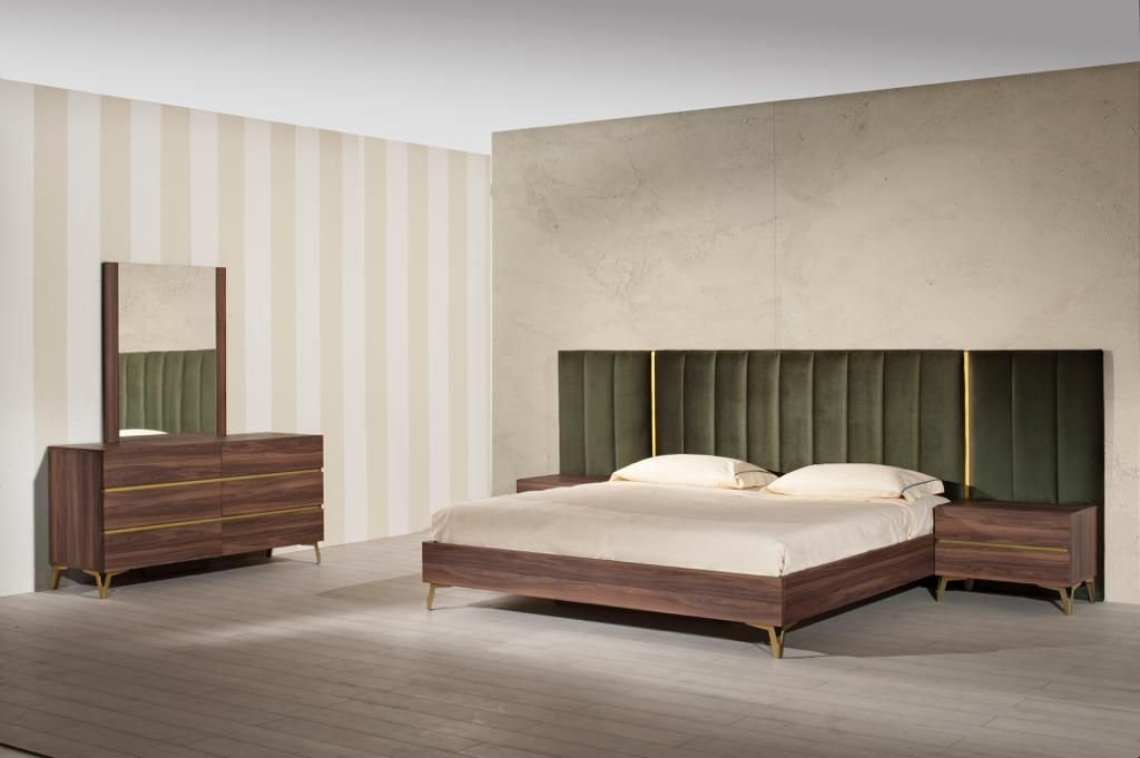 Gabriela Modern Walnut & Green Velvet Bed & Nightstands - KING
