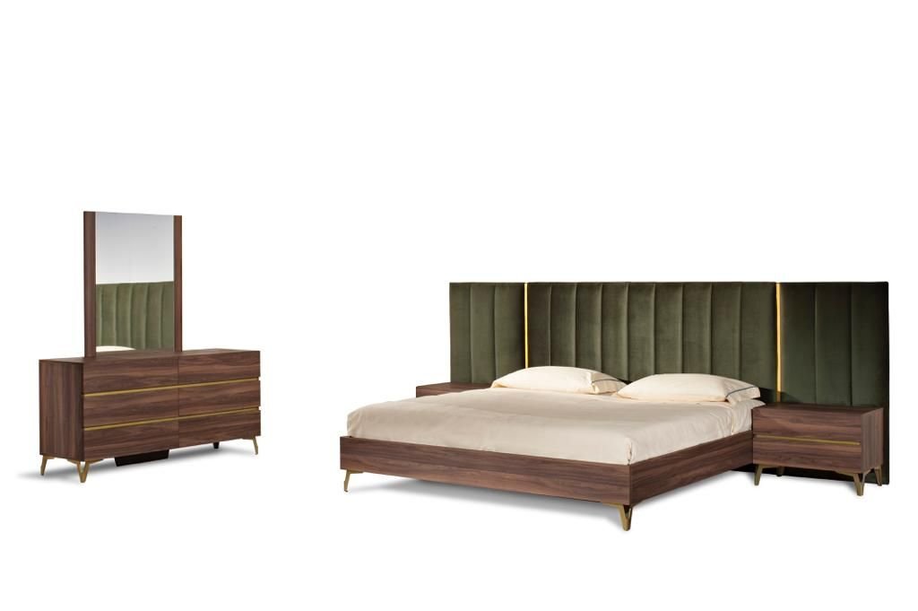 Gabriela Modern Walnut & Green Velvet Bed & Nightstands