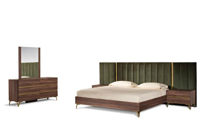 Gabriela Modern Walnut & Green Velvet Bed & Nightstands