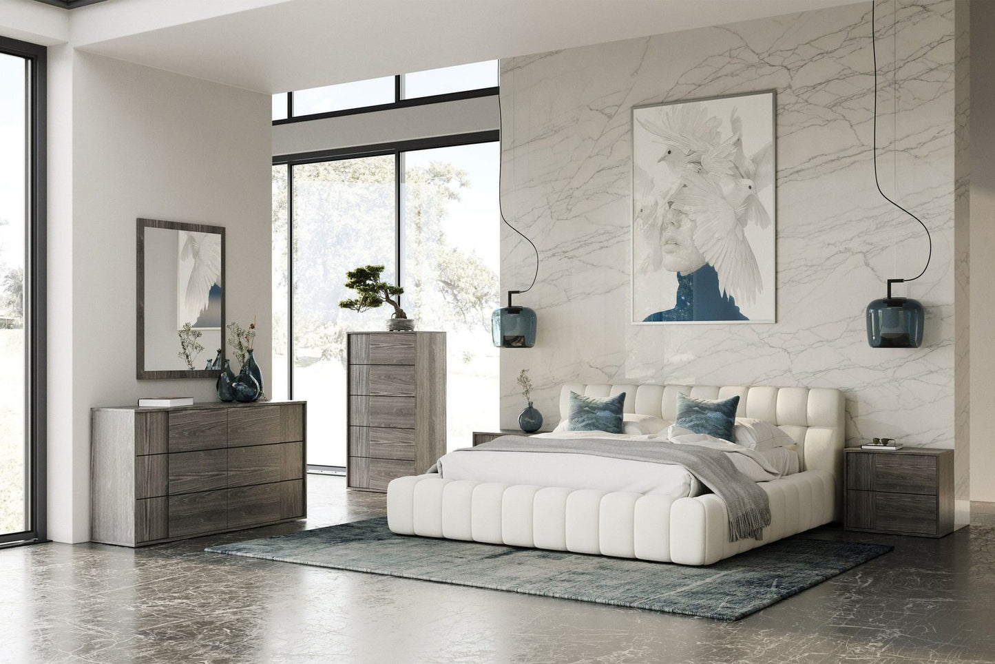 Tyree - Modern Tufted Off-White Fabric Bed