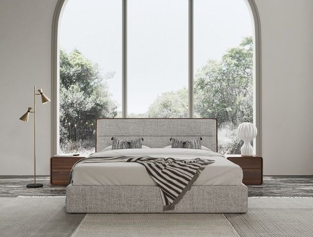 Dustin - Modern Grey Fabric & Walnut Trimmed Bed Queen Size