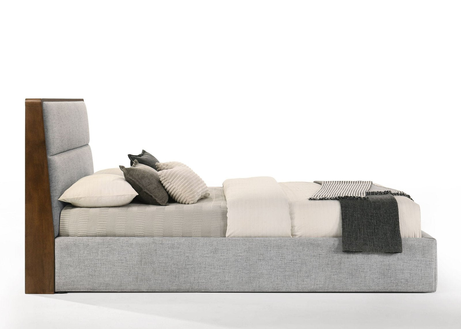 Dustin - Modern Grey Fabric & Walnut Trimmed Bed Queen Size