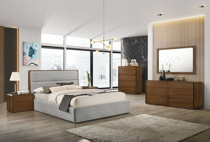 Dustin - Modern Grey Fabric & Walnut Trimmed Bed Queen Size